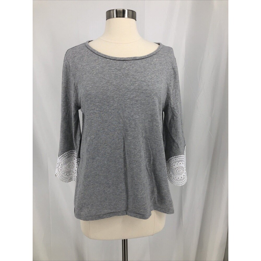 LOFT Gray 3/4 Length Sleeve with Lace Pullover Cotton Tunic Size Medium